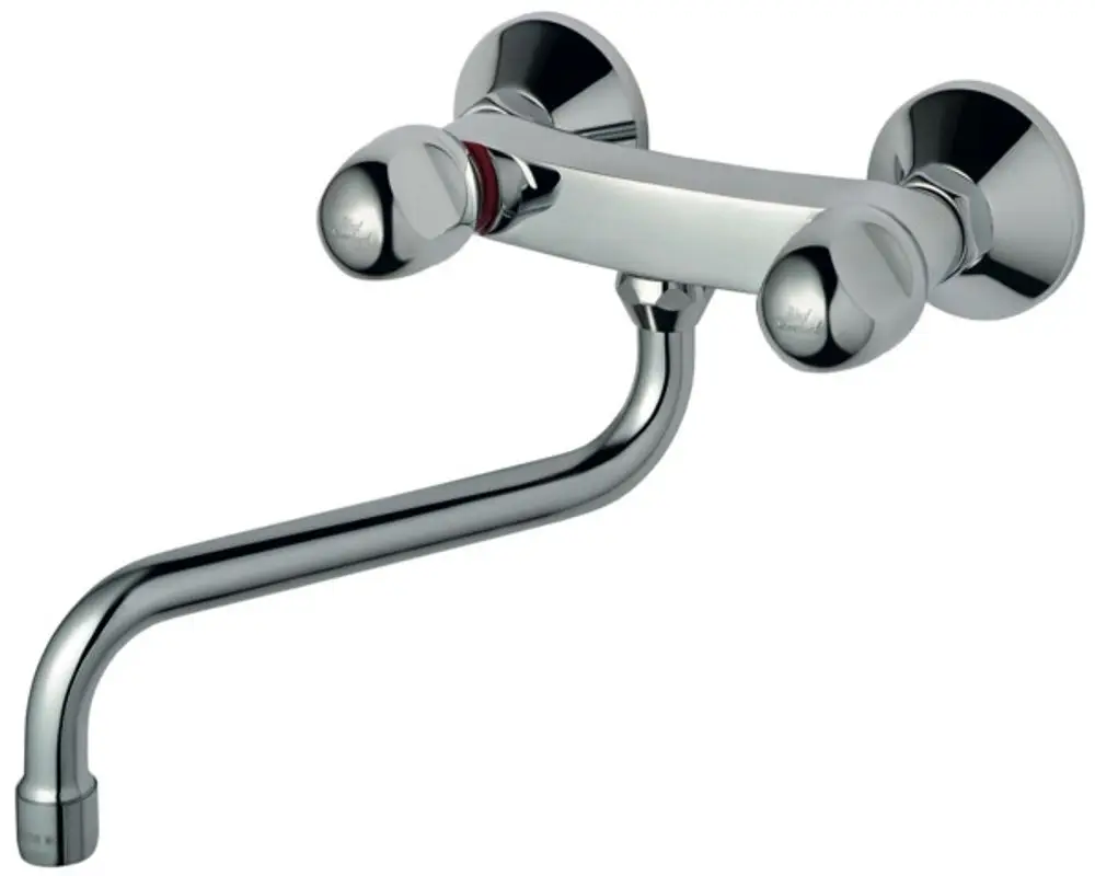 Wandarmatur in Chrom-Optik von Ideal Standard, mit zwei Griffen zur Regelung von Warm- und Kaltwasser und einem geschwungenen Auslauf.